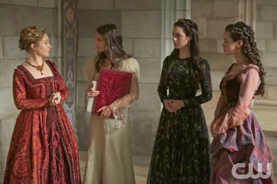 Pictured: (L-R) Megan Follows as Catherine de Medici, Caitlin Stasey as Kenna, Adelaide Kane as Mary Queen of Scotland and France and Anna Popplewell as Lola Photo Credit: Sven Frenzel/The CW