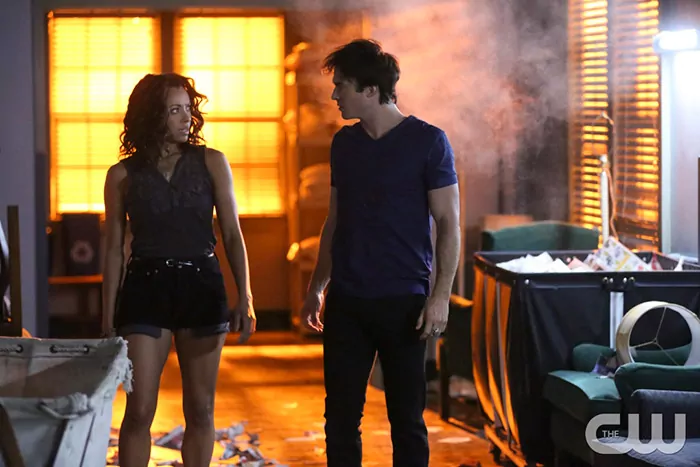 Pictured (L-R): Kat Graham as Bonnie and Ian Somerhalder as Damon Photo Credit: Quantrell Colbert/The CW