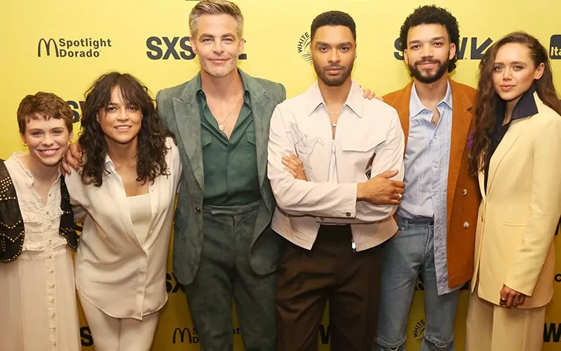 Sophia Lillis, Michelle Rodriguez, Chris Pine, Regé-Jean Page, Justice Smith and Daisy Head attend the World Premiere screening of Paramount Pictures and eOne's Dungeons & Dragons: Honor Among Thieves at the 2023 SXSW Film Festival