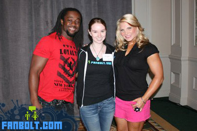 Emma Loggins with WWE Kofi Kingston and Beth Phoenix