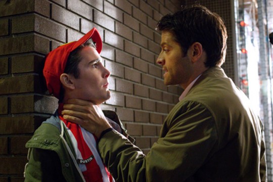 Pictured: (L-R) Jake Guy as Dustin and Misha Collins as Castiel Photo Credit: Liane Hentscher/ The CW