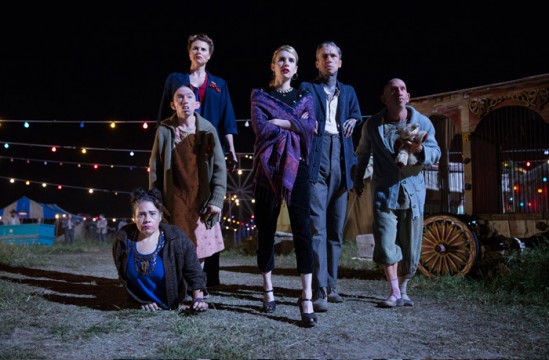 Pictured: (L-R) Rose Siggins as Legless Suzi, Naomi Grossman as Pepper, Erika Ervin as Amazon Eve, Emma Roberts as Maggie Esmeralda, Mat Fraser as Paul the Illustrated Seal and Christopher Neiman as Salty Photo Credit: Sam Lothridge/FX