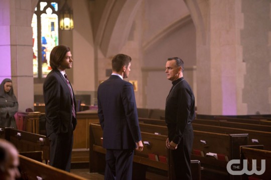 Pictured: (L-R) Jared Padalecki as Sam, Jensen Ackles as Dean and Stephen Daniel Curtis as Father Delaney Photo Credit: Liane Hentscher/ The CW