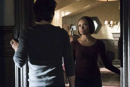 Pictured: (L-R) Ian Somerhalder as Damon (back to camera) and Kat Graham as Bonnie Photo Credit: Tina Rowden/The CW