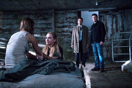 Pictured: (L-R) Kathryn Newton as Claire Novak, Misha Collins as Castiel and Jensen Ackles as Dean Photo Credit: Liane Hentscher/ The CW