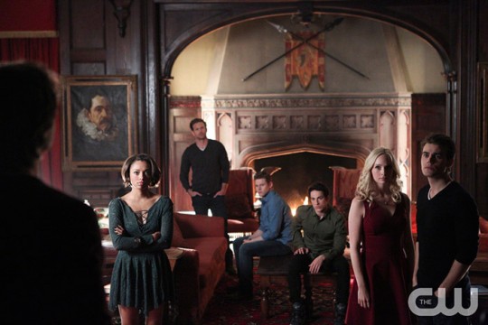 Pictured: (L-R) Ian Somerhalder as Damon (back to camera), Kat Graham as Bonnie, Matt Davis as Alaric, Zach Roerig as Matt, Michael Trevino as Tyler, Candice Accola as Caroline and Paul Wesley as Stefan Photo Credit: Annette Brown/ The CW