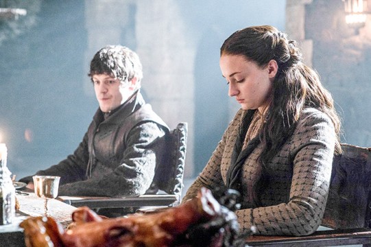 Pictured: Iwan Rheon as Ramsay Bolton and Sophie Turner as Sansa Stark Photo Credit: Helen Sloan/ HBO