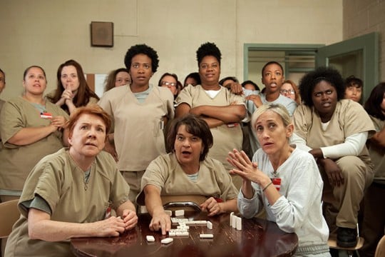 L-R: Beth Fowler, Vicky Jeudy, Lin Tucci, Adrienne Moore, Constance Shulman, Samira Wiley and Daneille Brooks in season 3 of Netflix's "Orange is the New Black." Photo Credit: JoJo Whilden/Netflix
