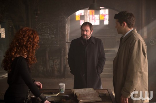 Pictured: (L-R) Ruth Connell as Rowena, Mark Sheppard as Crowley and Misha Collins as Castiel Photo Credit: Diyah Pera/ The CW