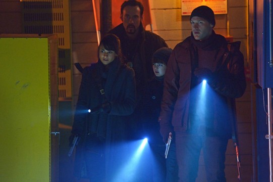 Pictured: (l-r) Mia Maestro as Nora Martinez, Kevin Durand as Vasiliy Fet, Max Charles as Zack Goodweather, Corey Stoll as Ephraim Goodweather CR: Michael Gibson/FX