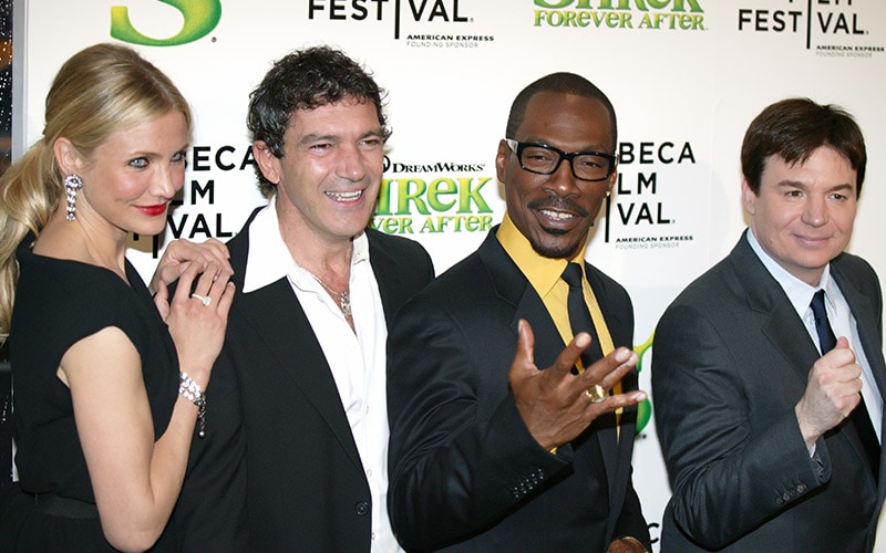 Actors Antonio Banderas, Mike, Myers, Eddie Murphy, Cameron Diaz at Tribeca Shrek Forever After premiere